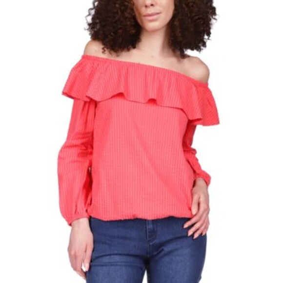 Michael Kors Seersucker Sangria Off the Shoulder Blouse Small NEW - Picture 1 of 11
